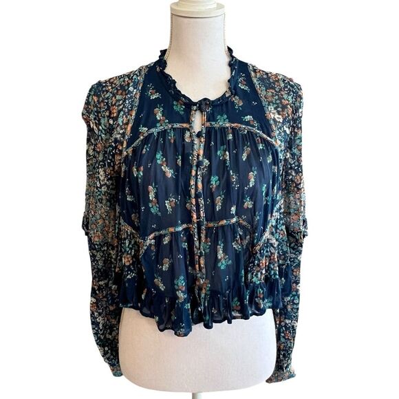 Anthropologie Womens Babydoll PeasantTop Size L Floral Boho Sheer Croppped - Picture 1 of 11